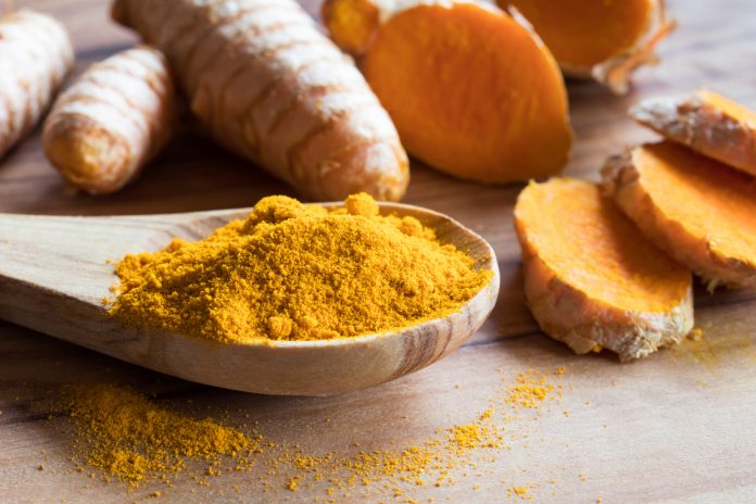 Turmeric powder and fresh sliced turmeric root