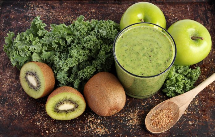 Green smoothie - kale, kiwi, green apples, ground flax seeds