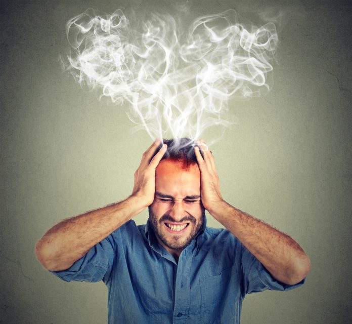 stressed man screaming thinking too hard steam coming out up of head