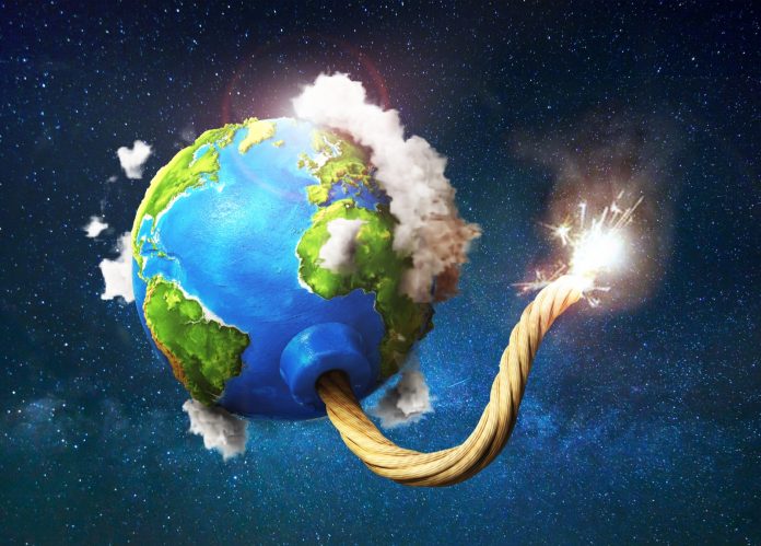 Eco concept. Planet with clouds as bomb with fired wick on space background. 3d illustration