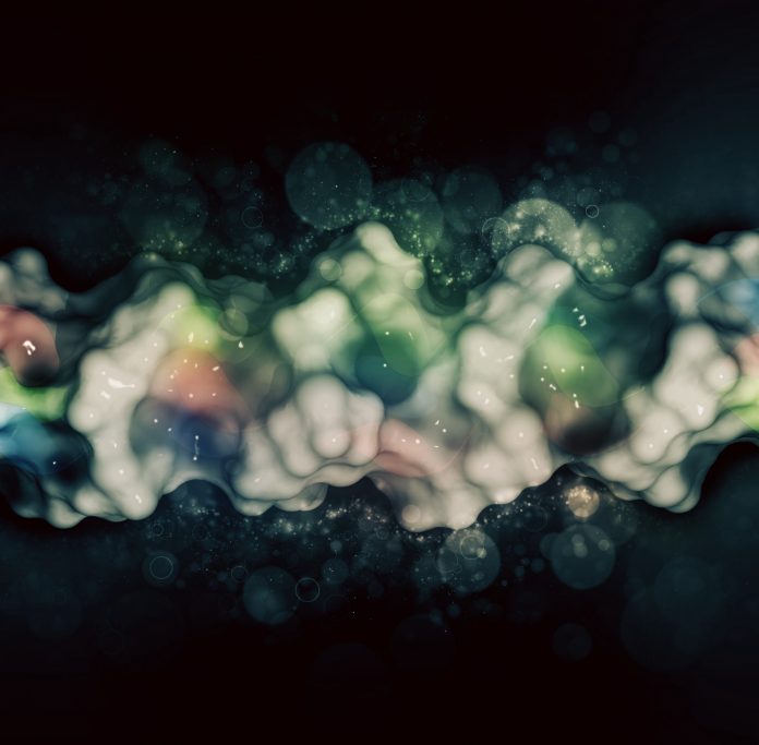 Collagen model protein, chemical structure. Essential component of skin, bone, hair, connective tissue, etc. Cartoon representation combined with semi-transparent surfaces.