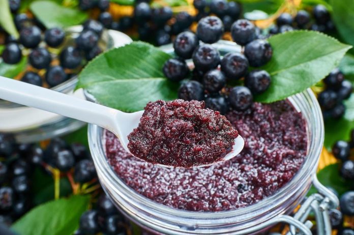Chokeberry jam and ripe berry of chokeberry