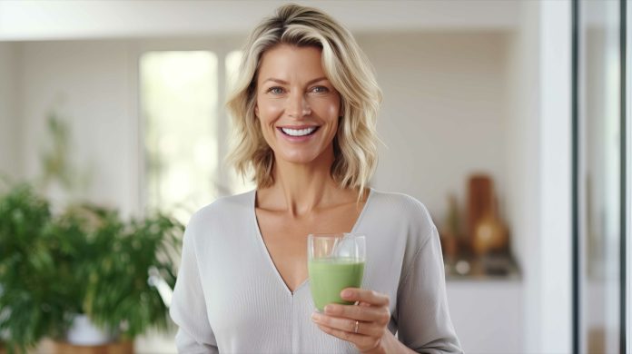 Caucasian woman smiling with a green detox smoothie. Generative AI.