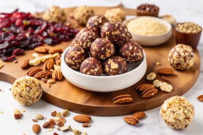 mixed nut balls surrounded by raw nuts