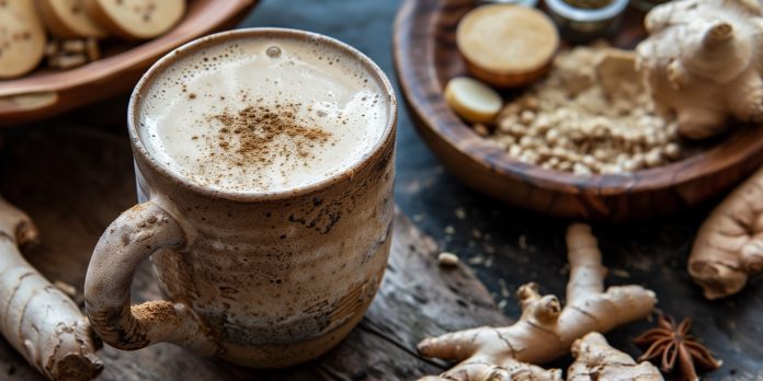 Frothy adaptogenic blend in a ceramic mug, placed next to a bowl of mixed adaptogens