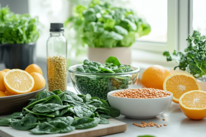 well-organized kitchen countertop featuring foods rich in folic acid, such as spinach, kale, lentils, and citrus fruits. Include a bottle of folic acid supplements for comprehensive representation