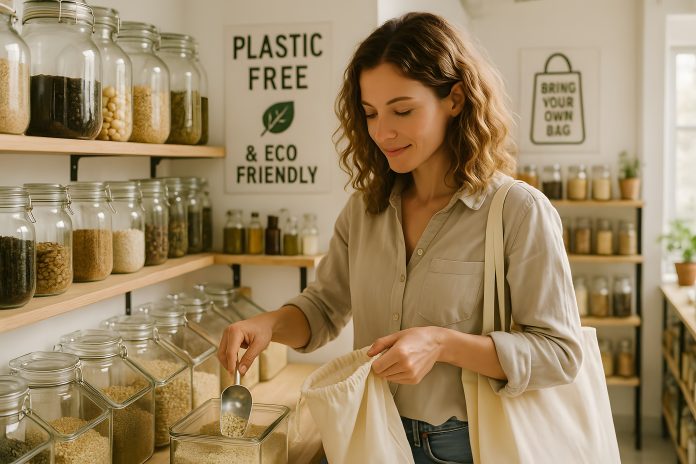 Eco-Friendly Woman Shopping in Zero Waste Grocery Store with Reusable Cloth Bag and Glass Jars - Sustainable Lifestyle, Plastic-Free Concept