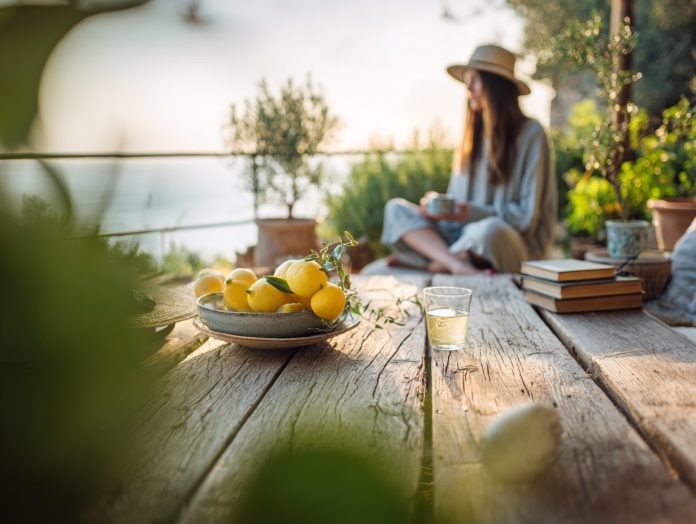 SV_MJ_serene_morning_woman_terrace_reading_lemons