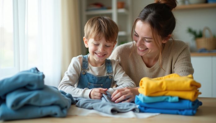 Young boy helps mother fold laundry at home kitchen table. They smile, laugh together doing chores, teaching life skills. Family bonding, teamwork, happy domestic life scene.