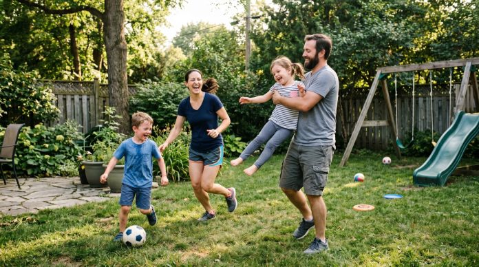 Joyful family playing soccer and having fun in their backyard on a sunny day