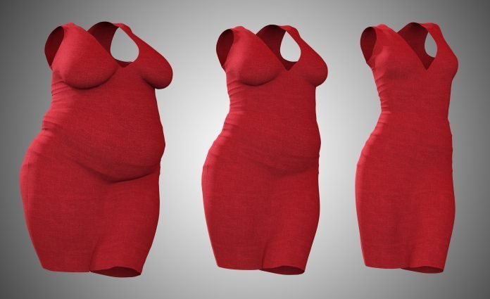 Conceptual fat overweight obese female dress outfit vs slim fit healthy body after weight loss or diet thin young woman on gray. A fitness, nutrition or fatness obesity health shape 3D illustration