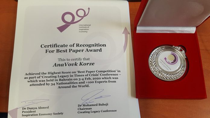 Best paper priznanje Ana Vovk Korže